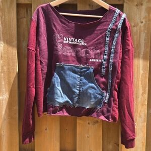 UPCYCLED Burgundy Oversized Sweatshirt Boatneck Distressed w Denim Pocket, Small